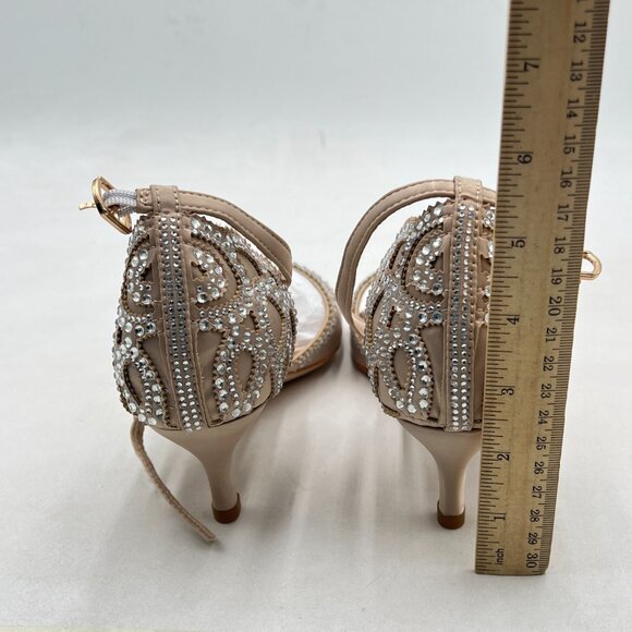 XYD Champagne Peep Toe D'Orsay Kitten Heel Rhinestone Studs Ankle Strap Sandal - Picture 5 of 8